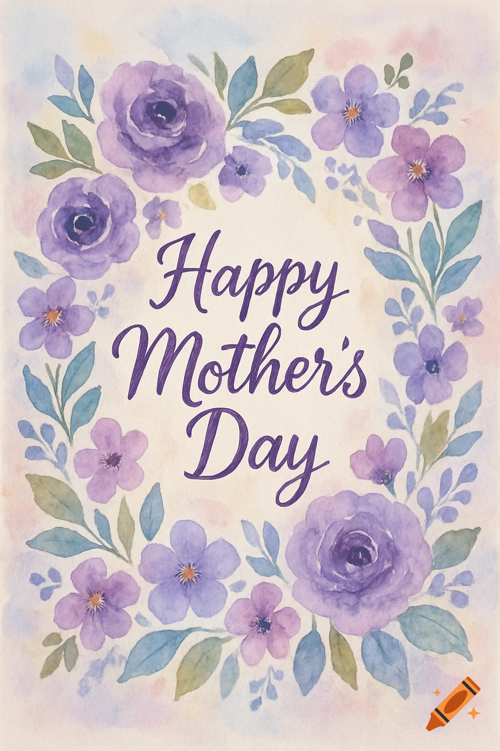 Watercolor Mother's Day card with a border of purple flowers and green ...