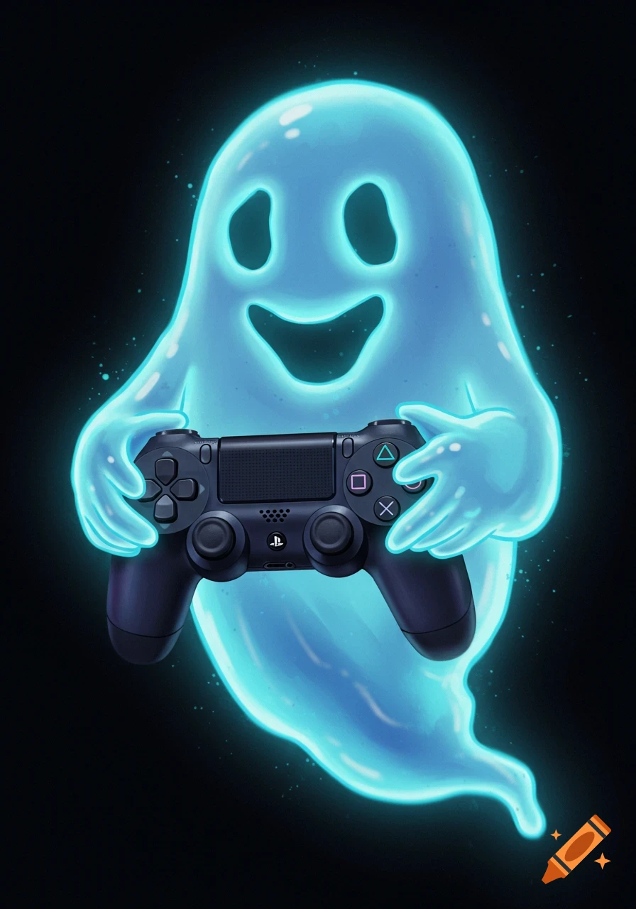 A blue glowing ghost holds a video game controller.