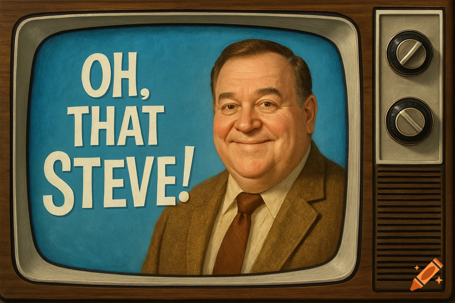 Illustration of a smiling man on a retro TV screen with the words 'Oh, That Steve!'