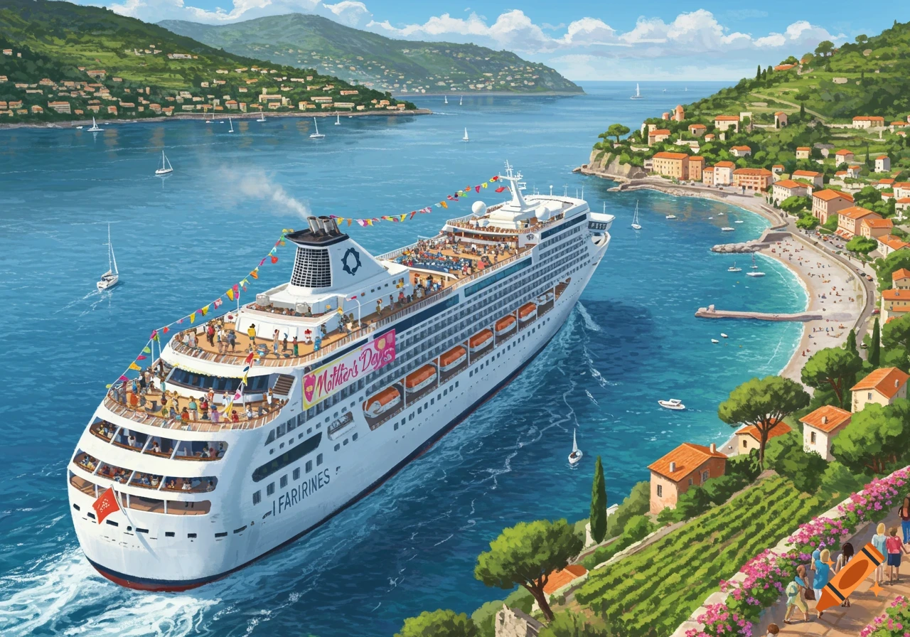 Painting of a cruise ship in a bay near a coastal town, mountains in background.