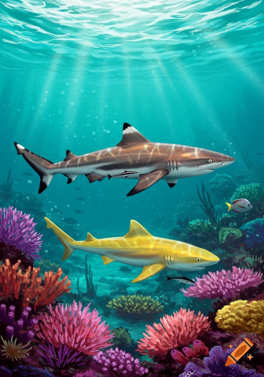 Two sharks swim over a colorful coral reef.