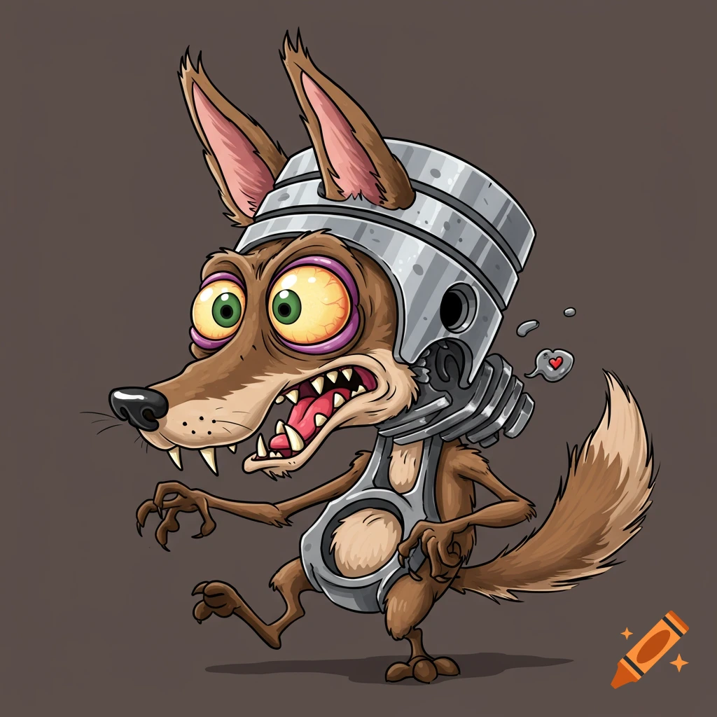 Cartoon absurd creature hybrid of coyote and engine piston with large eyes