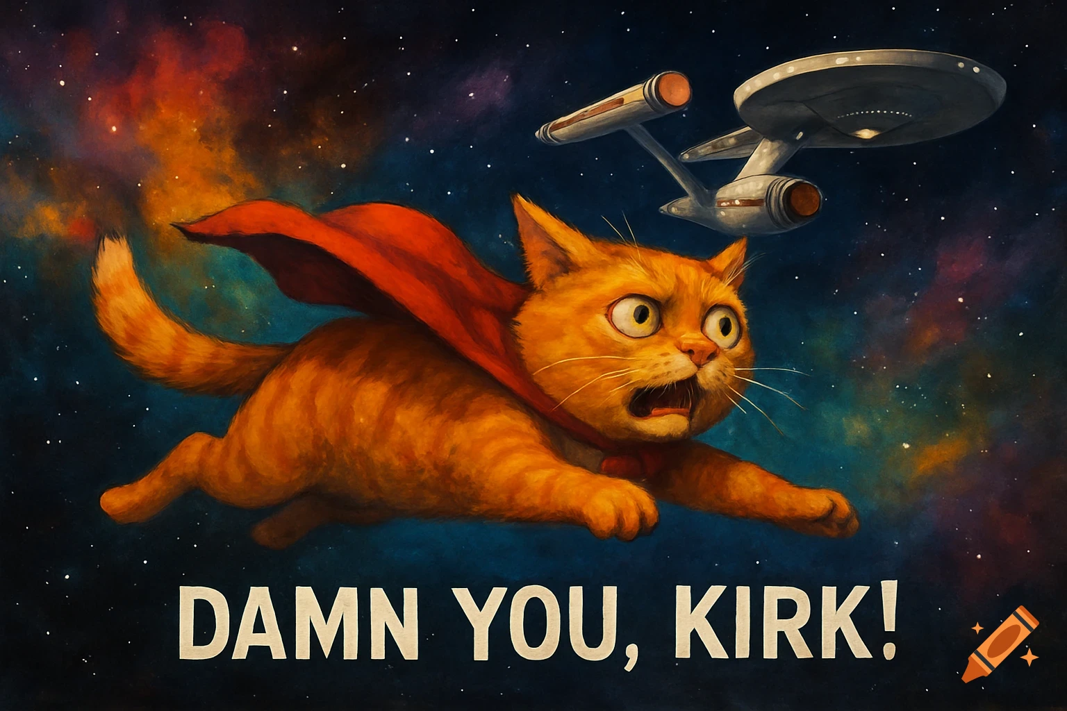 Orange cat in red cape flies through space, chased by Starship Enterprise. Caption reads "DAMN YOU, KIRK!". Painterly style.