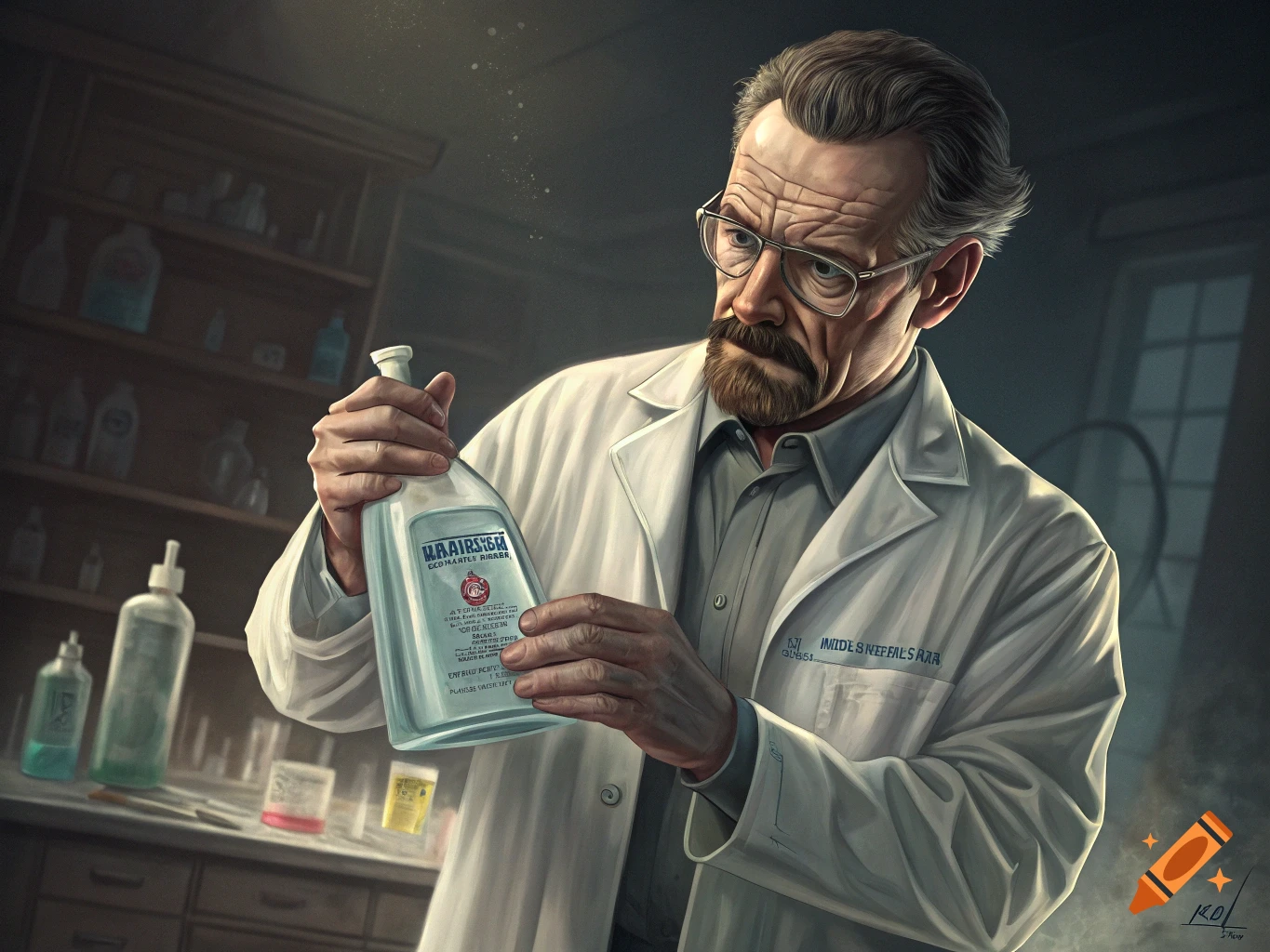 Man resembling Walter White in a lab coat holds a bottle in a lab setting, digital illustration.