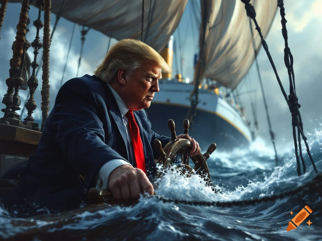 A man resembling Donald Trump steers a ship through rough seas with a large ship in the background.