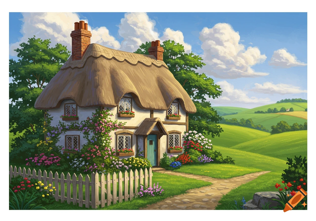 Illustrative painting of a charming thatched cottage with flowers and a white fence in a green rolling landscape.