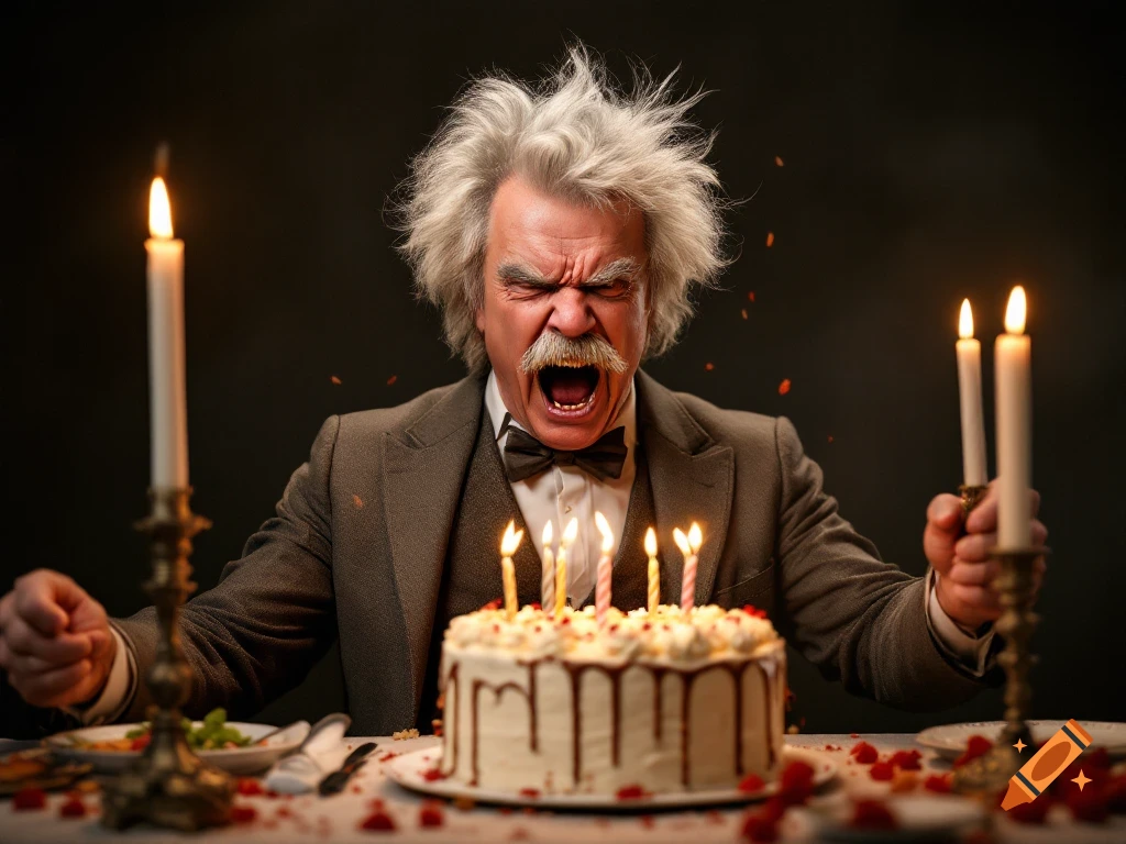 Realistic portrait of a man resembling Mark Twain screaming at a birthday cake.