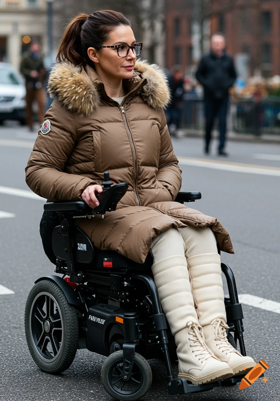 Woman in brown coat and glasses sitting in a powered wheelchair on a city street.