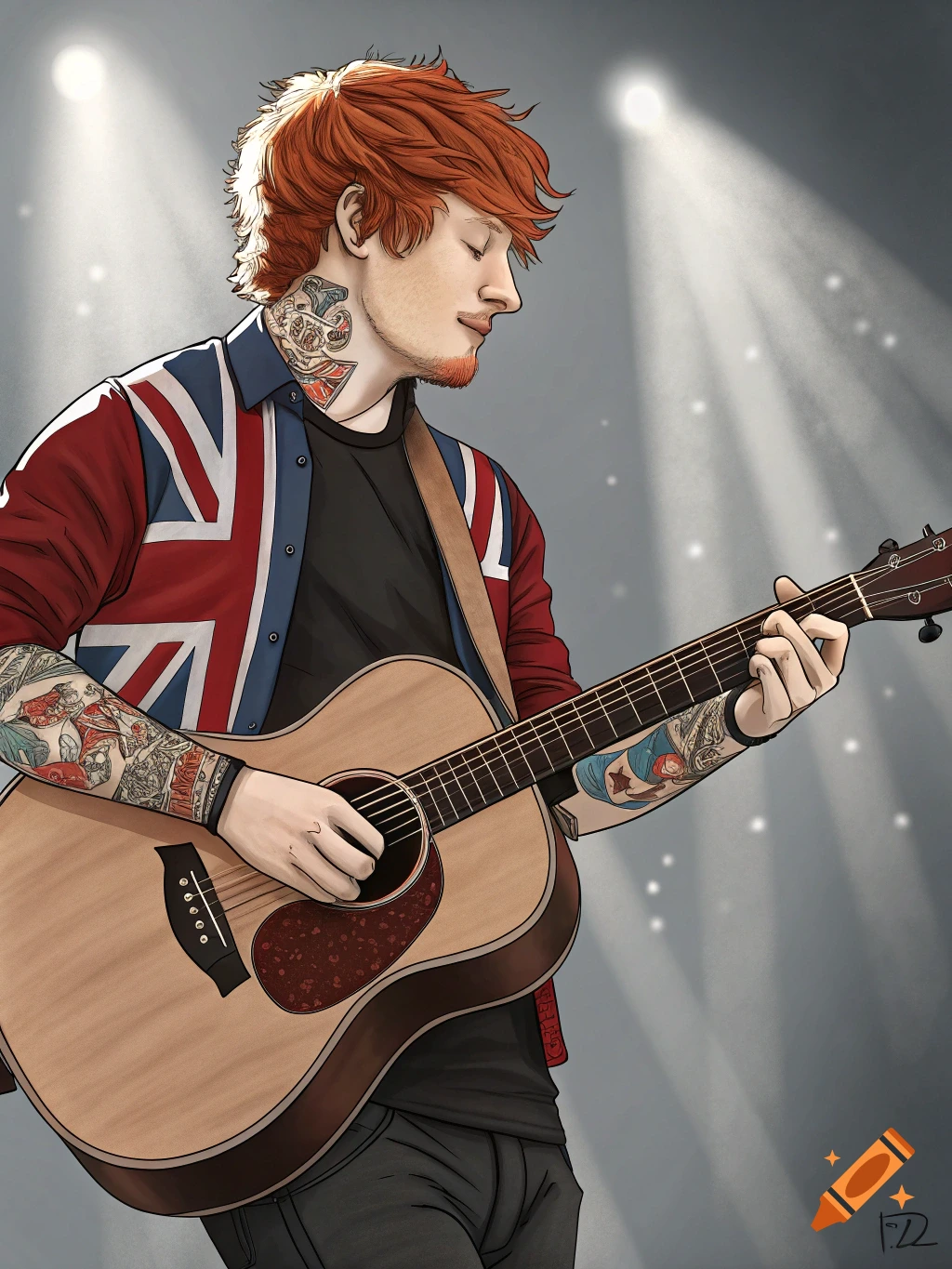 Illustration of a red-haired musician with tattoos and a Union Jack jacket playing an acoustic guitar on stage.