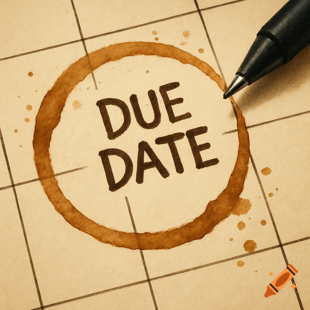 Coffee ring on grid paper with 'DUE DATE' written inside and a pen tip.