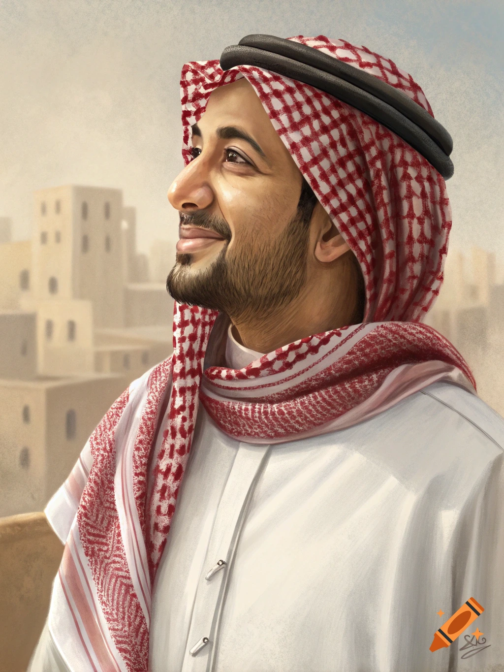 Digital painting of a smiling man in a red and white keffiyeh and white thawb, looking up in an old city.