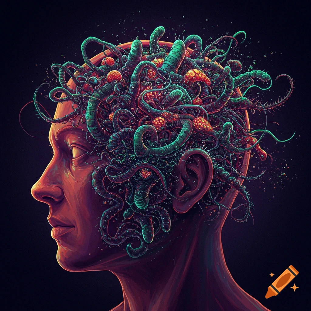 Profile view of a head filled with strange tentacles and growths.