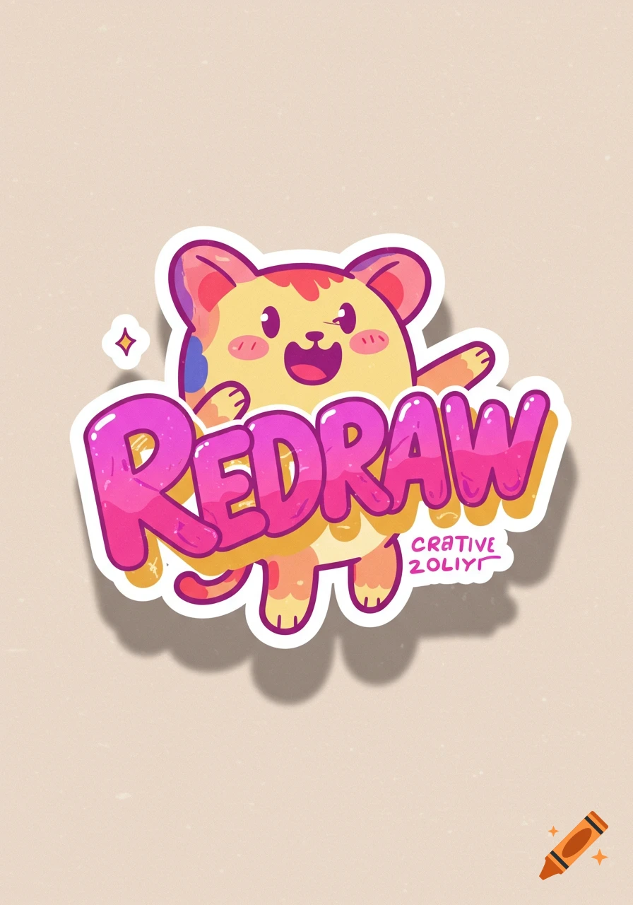 Cartoon sticker of a yellow and pink cat-like creature holding large pink text that reads 'REDRAW'.