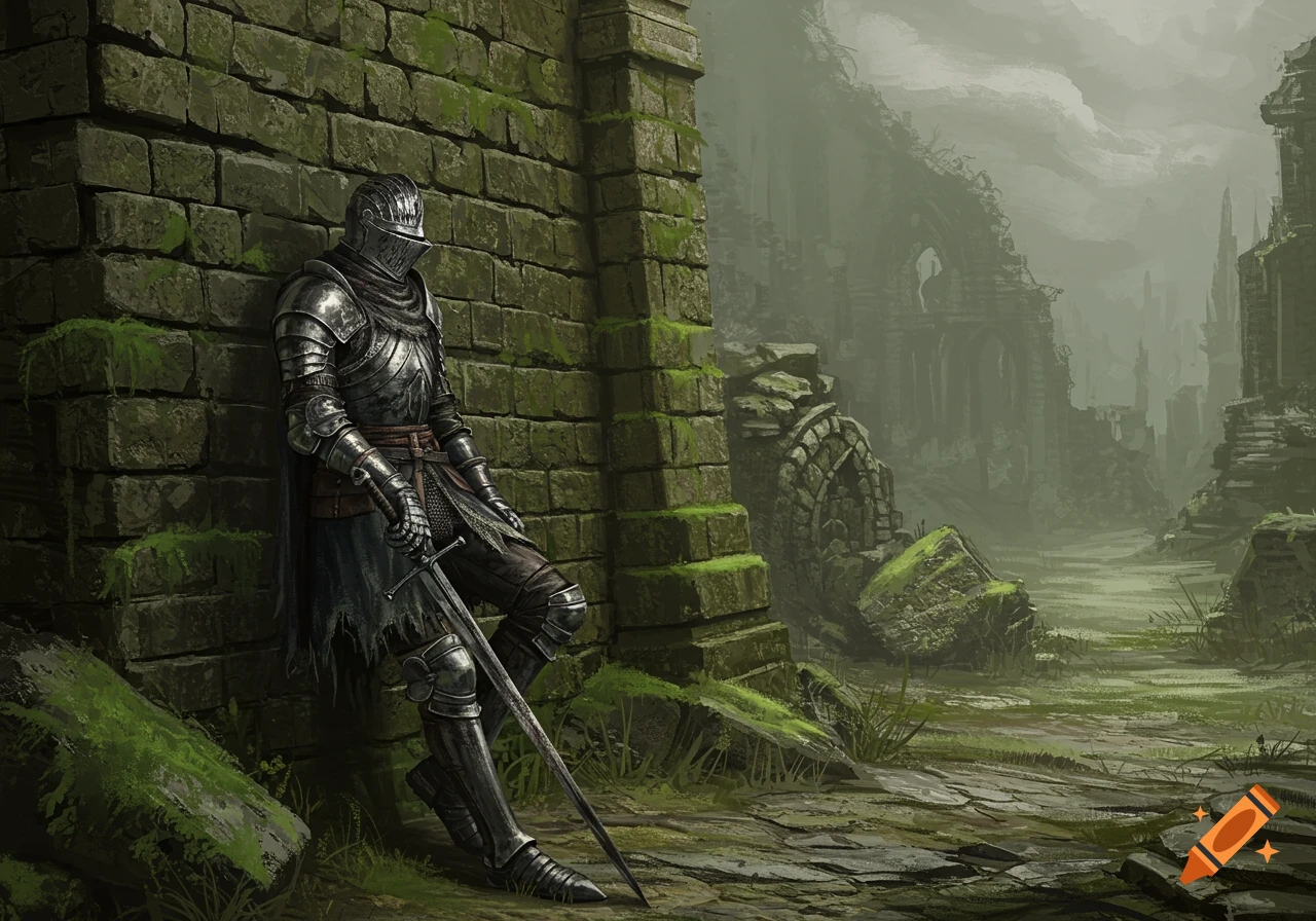 A knight in full armor rests against a mossy stone wall in misty ruins, holding a sword in a dark fantasy style.