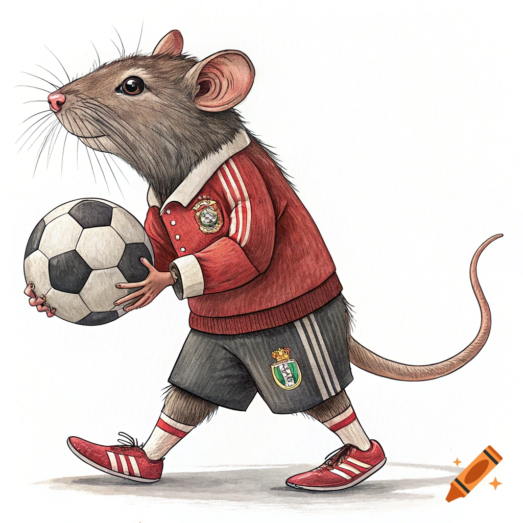 Illustration of an anthropomorphic rat wearing a red soccer uniform and holding a soccer ball.