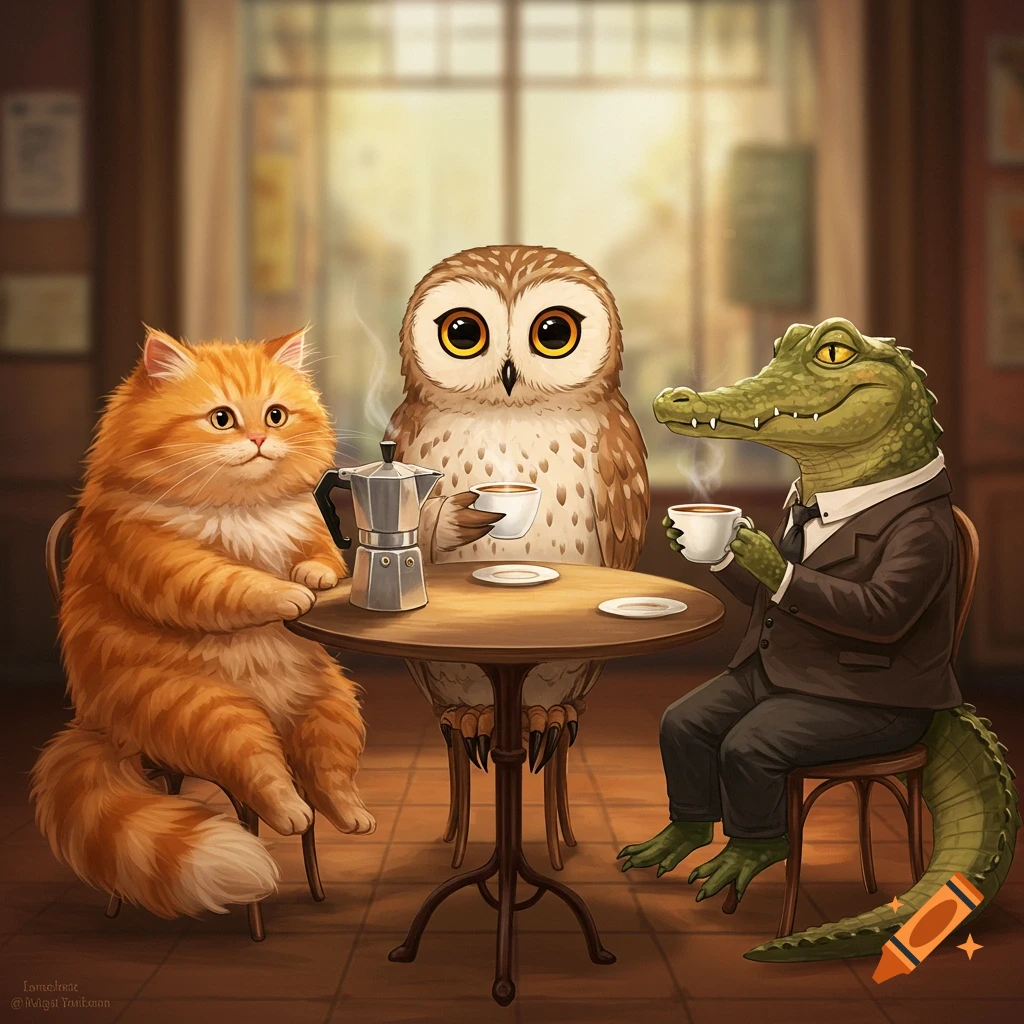 An illustration of a cat, an owl, and an alligator sitting at a table in a coffee shop drinking coffee.