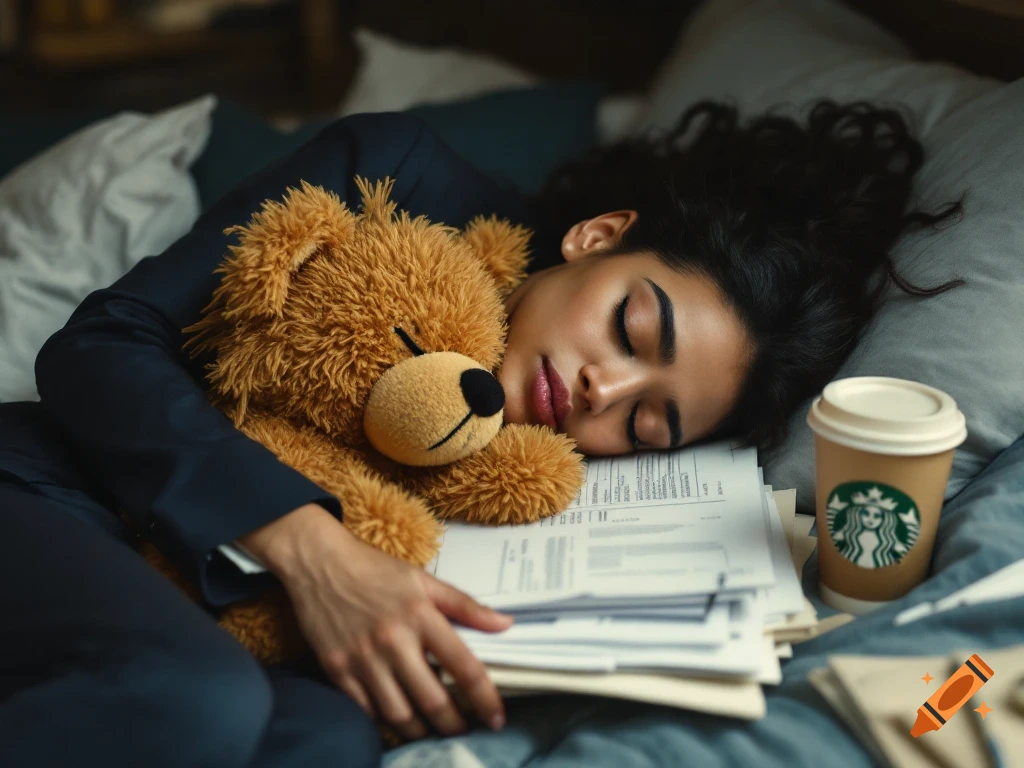 A person in a suit sleeps on a bed, hugging a teddy bear, next to stacks of paperwork and a coffee cup.
