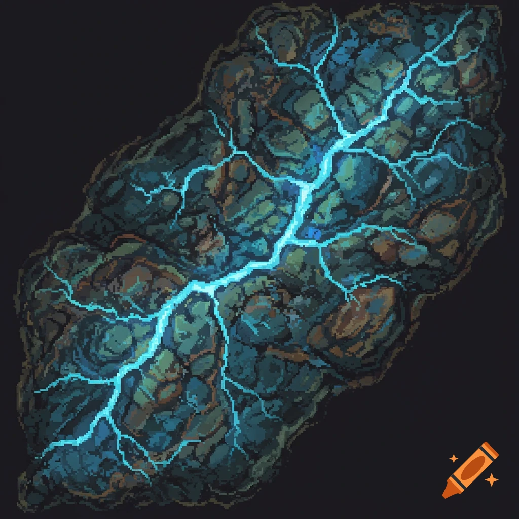 Pixel art depiction of a dark rock or ore vein with glowing blue cracks.