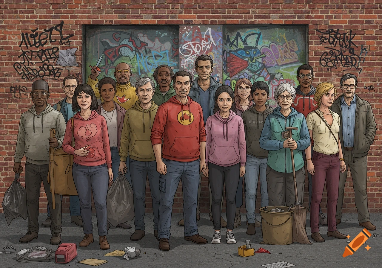 Illustrated group of diverse people, some holding cleanup tools, standing in front of a brick wall with graffiti, hinting at secret superhero identities.