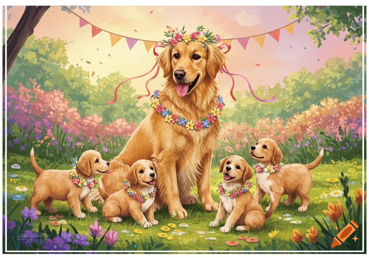 Golden retriever mother and puppies in a flower garden with bunting, celebrating.