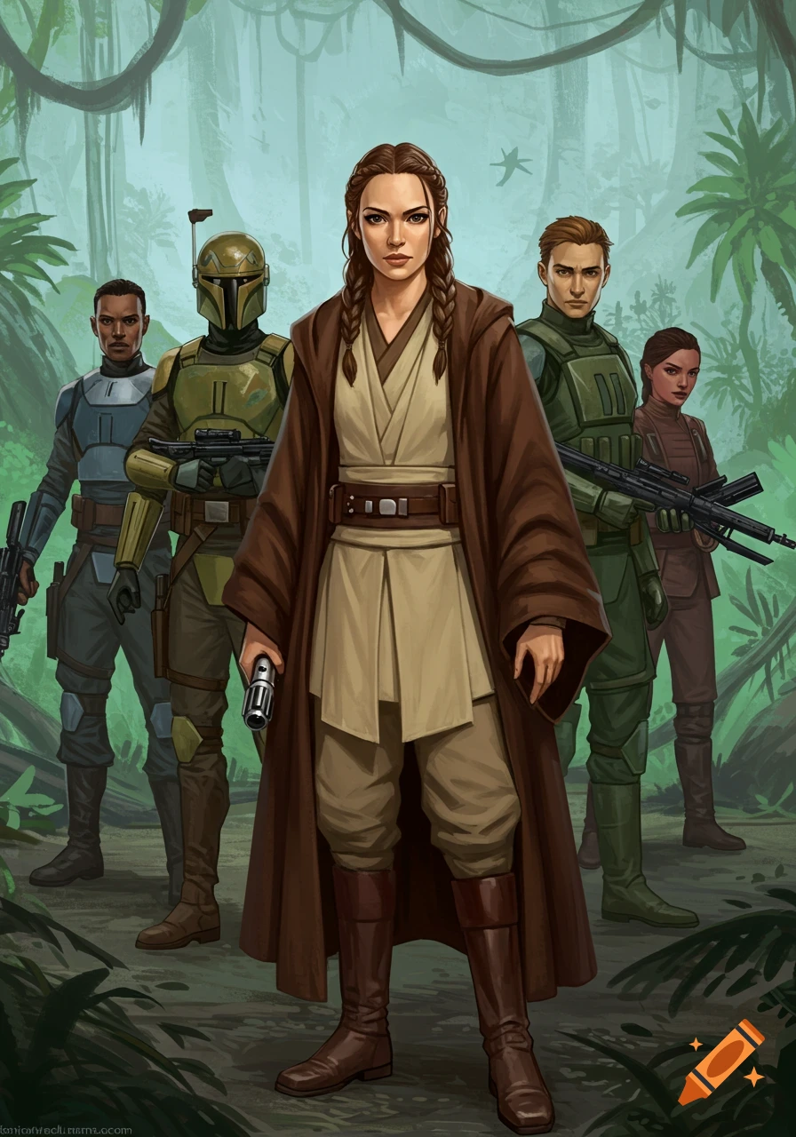 Star Wars characters including a Jedi, Mandalorian, and soldiers stand in a jungle.
