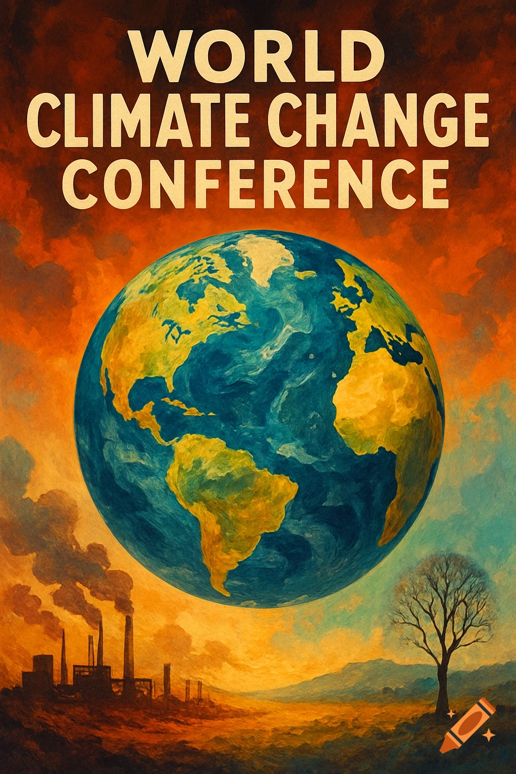 Poster for a world climate change conference with a globe over a landscape of factories, smoke, and a tree.