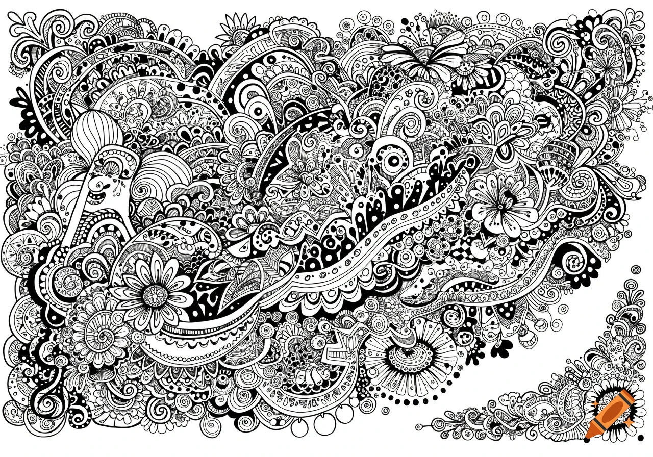 Intricate black and white folk art line drawing pattern.