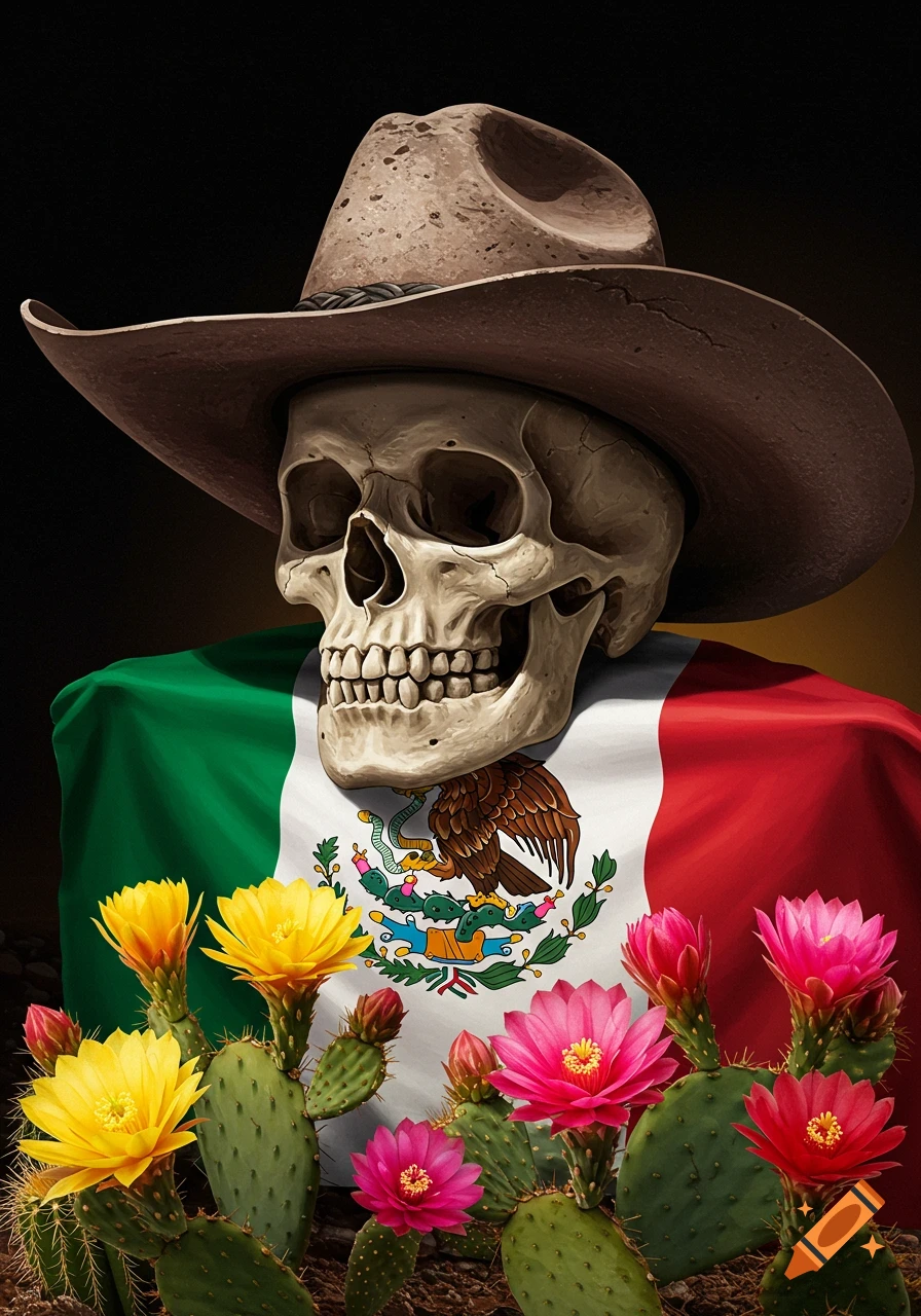 A skull wearing a cowboy hat draped with a Mexican flag among blooming cacti.
