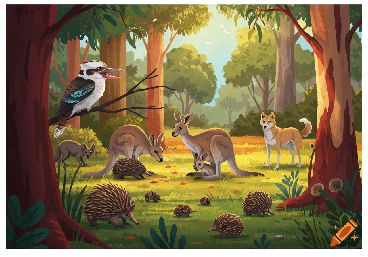 Australian animals (kookaburra, kangaroos, dingo, echidnas) in a forest clearing illustration.