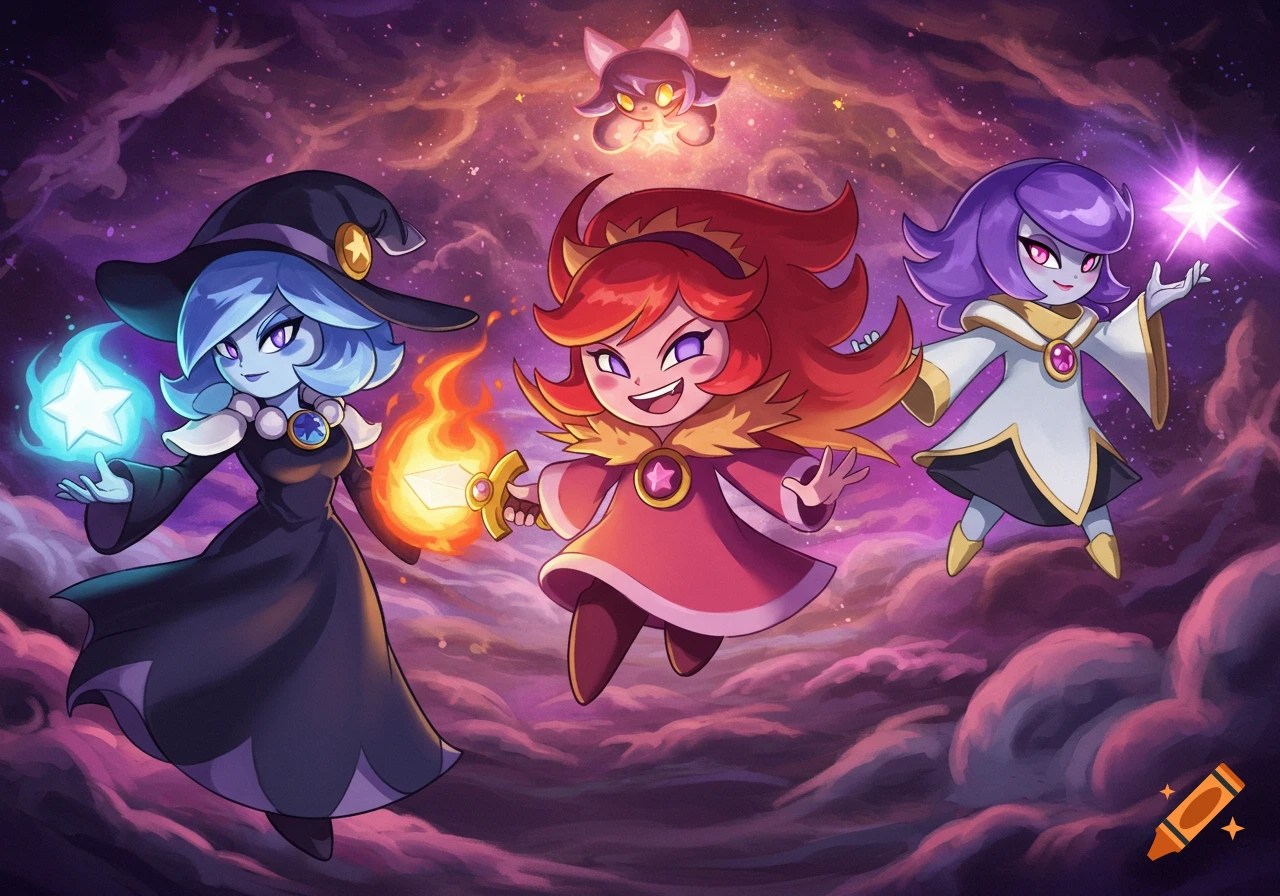 Three cartoonish characters from Kirby, including one with a flaming sword and one with a star, float in space.