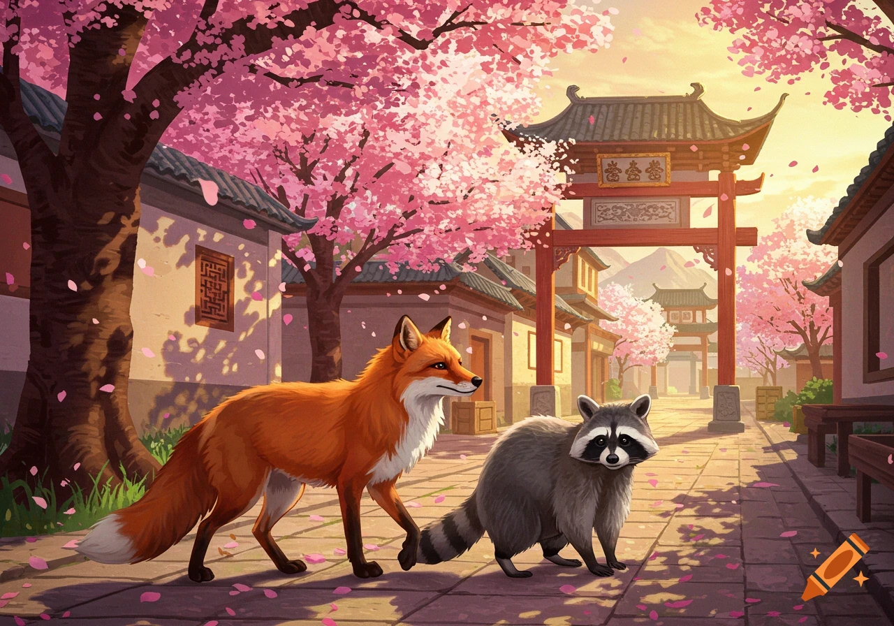 A fox and raccoon walk through a cherry blossom-filled Chinese village.