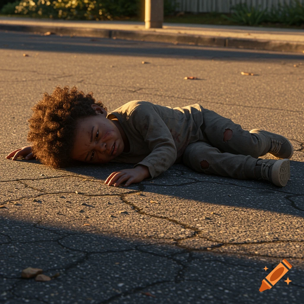Distressed child lying face down on a cracked asphalt road in sunlight.