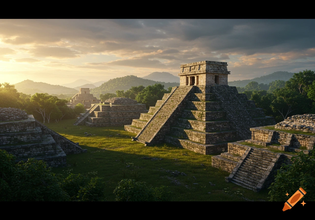 Ancient stone pyramids and ruins bathed in golden light amidst lush mountains.