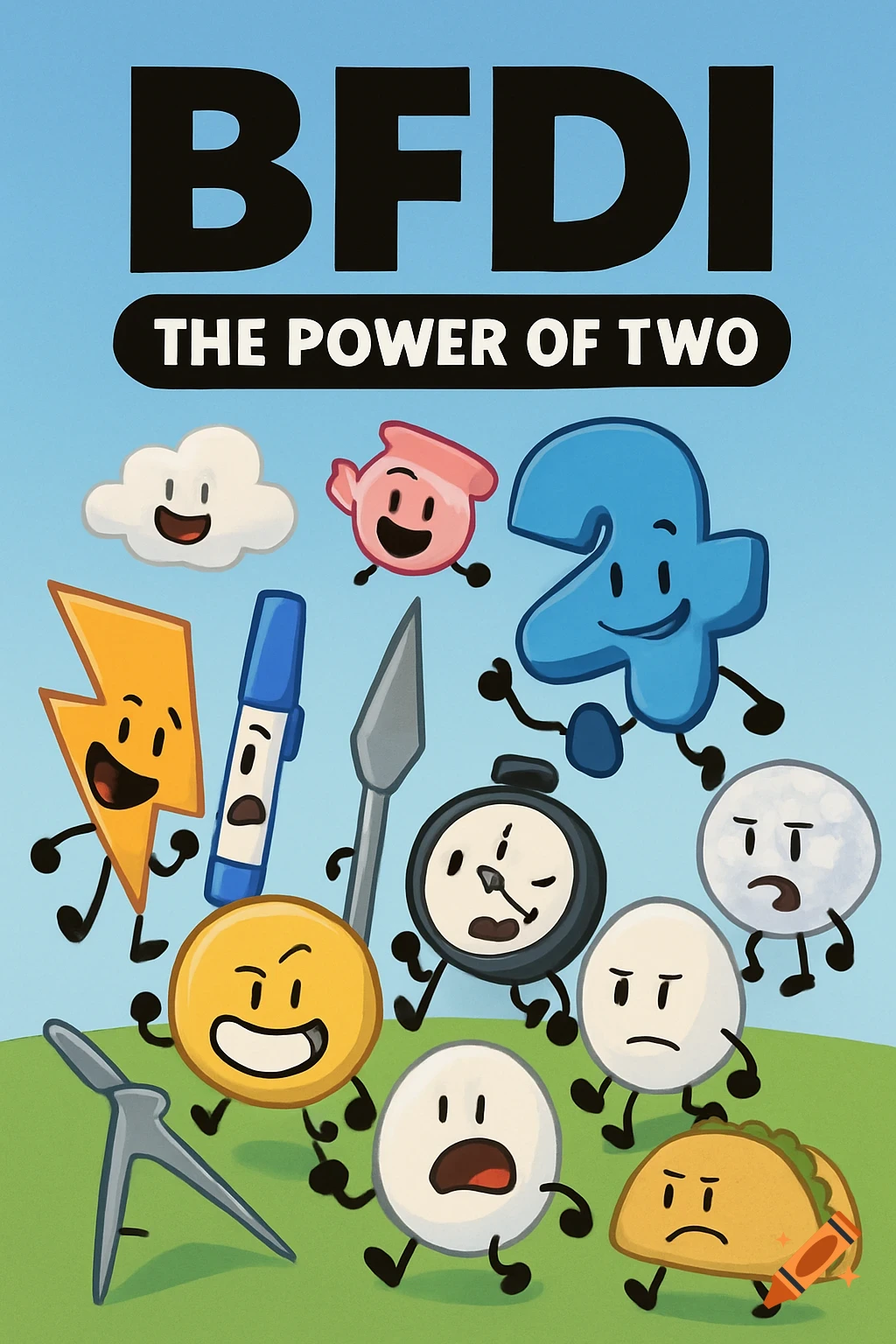 A 2D cartoon poster for BFDI The Power of Two with various characters.