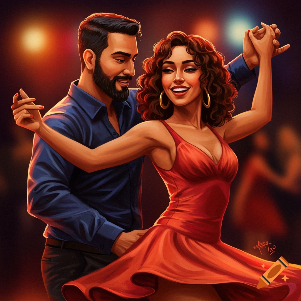 Stylized illustration of a couple dancing salsa in a dimly lit room