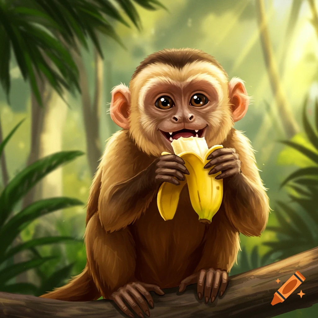 A stylized illustration of a monkey eating a banana on a branch in a jungle.