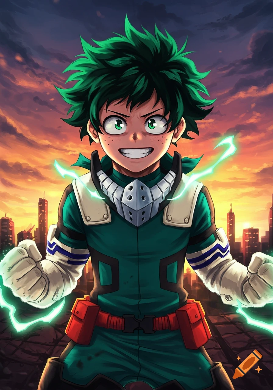 Deku from My Hero Academia in hero costume, green energy around hands, city sunset background, anime style.