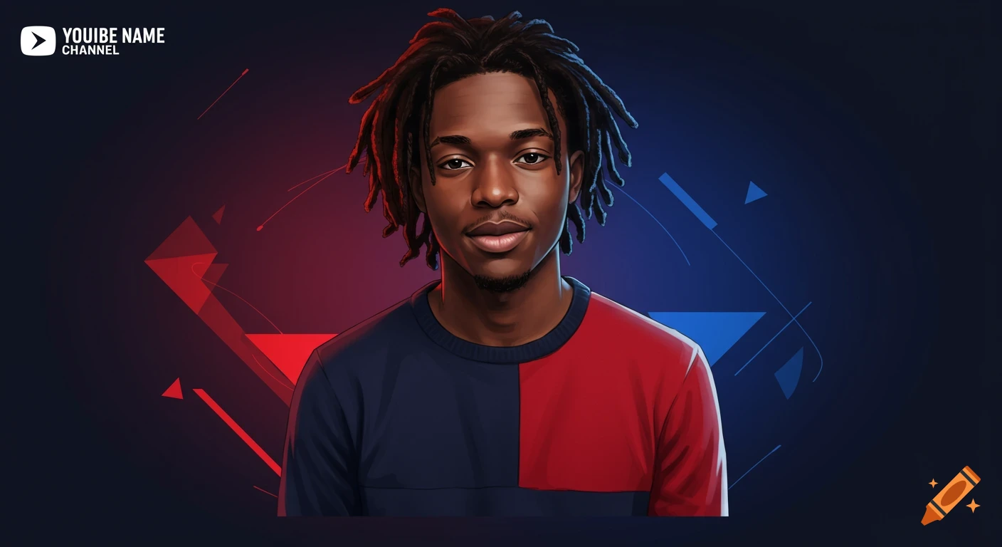 Digital art portrait of a black man with dreadlocks wearing a red and blue sweater, with abstract background.