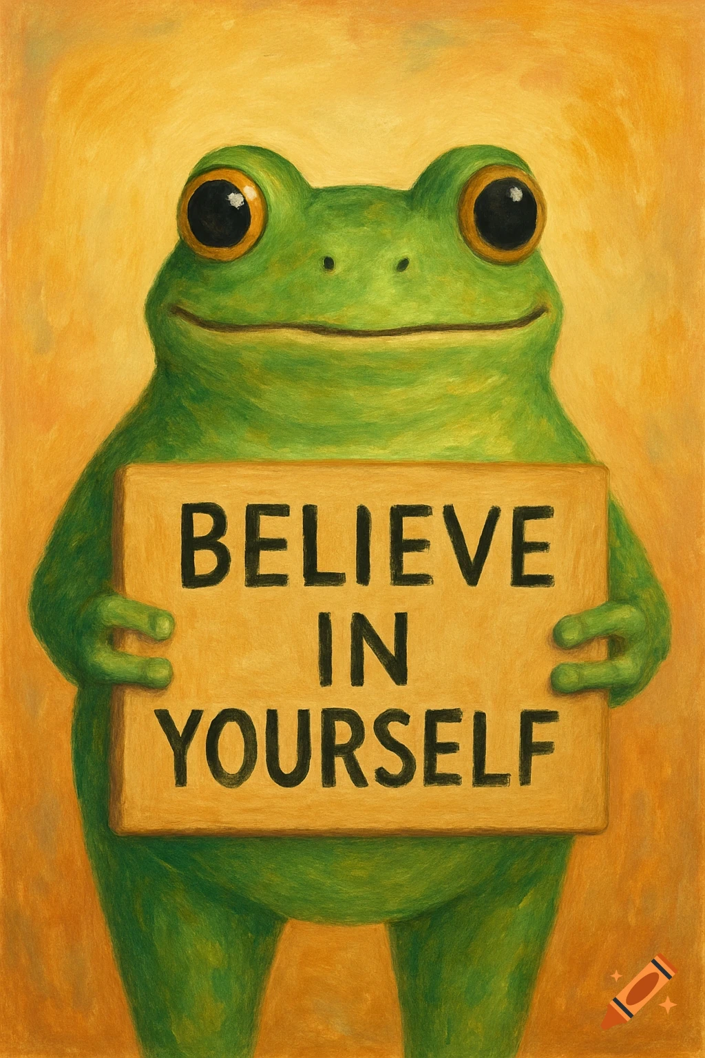 Cartoon frog holding a sign that says 'BELIEVE IN YOURSELF'.