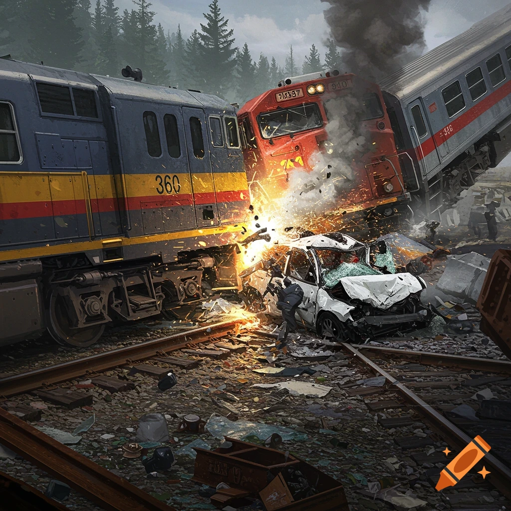 Illustration of a train crash with two trains colliding and a crushed car between them, amidst debris on the tracks.