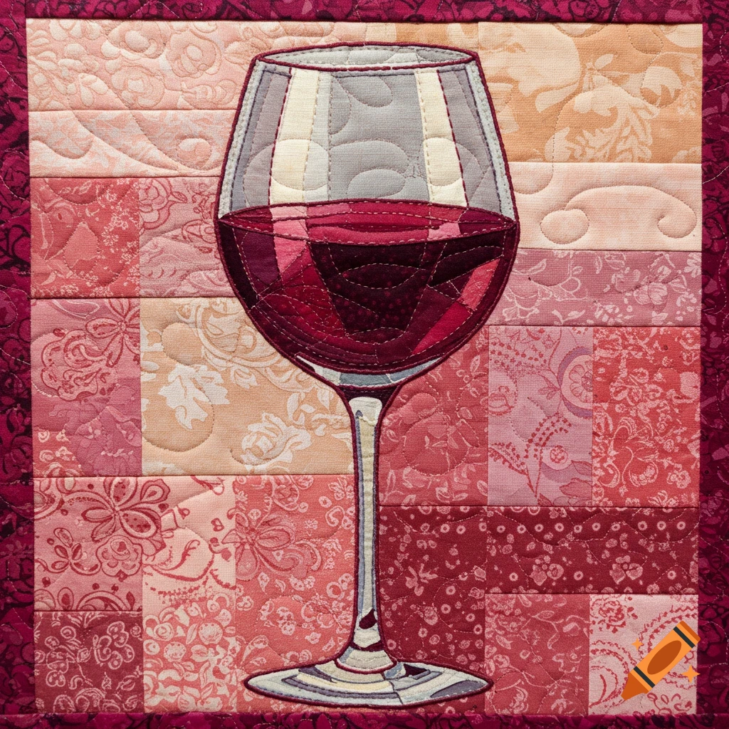 Quilt block featuring a glass of red wine against a background of patterned fabric squares.