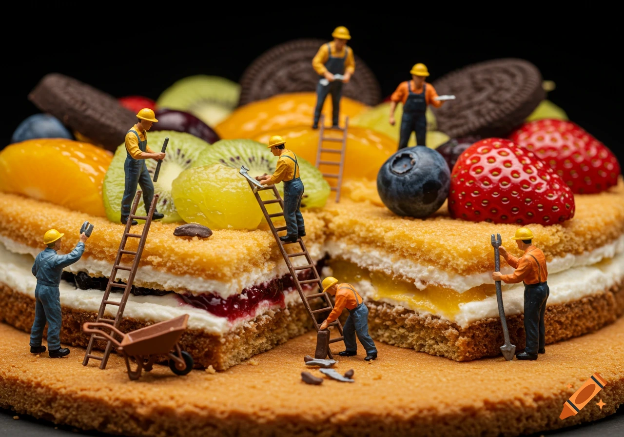 Macro photo of miniature construction workers building a fruit and cream layered cake.
