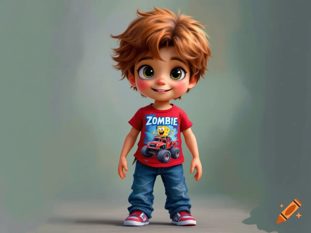 Stylized cartoon boy in a red t-shirt with a monster truck and Spongebob, blue jeans, and red shoes