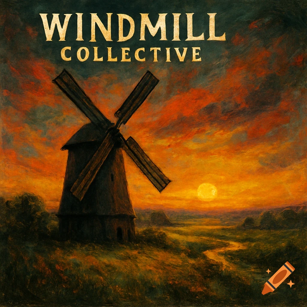 Painterly image of a windmill against a sunset with the text 'WINDMILL COLLECTIVE'