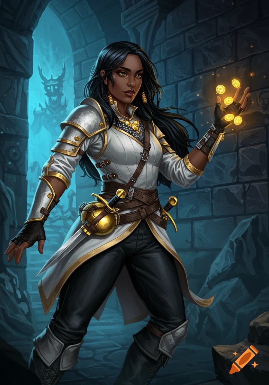 A fantasy illustration of a dark-skinned woman adventurer in armor holding glowing coins in a dungeon.