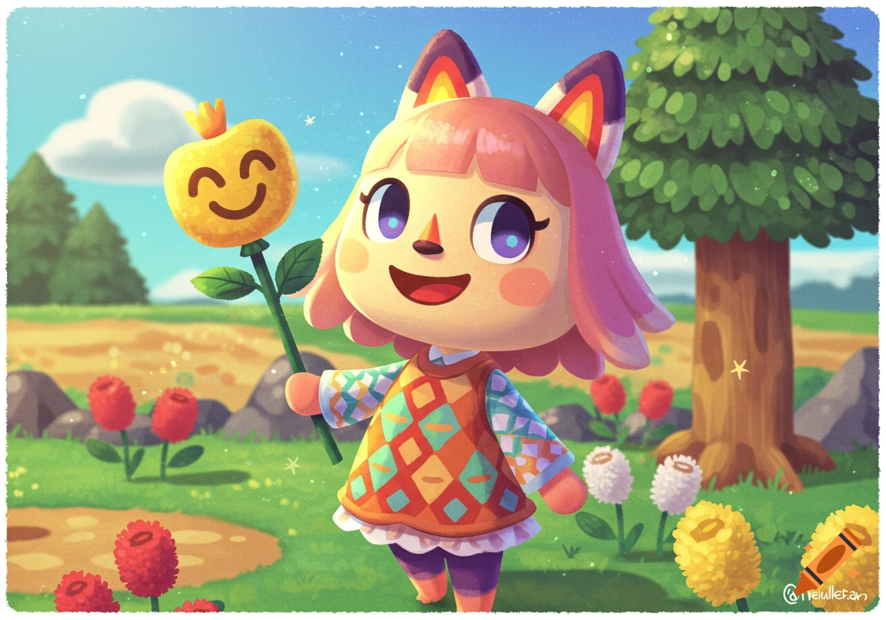 Cartoon cat character in an Animal Crossing style holds a smiley fruit stick in a sunny field.