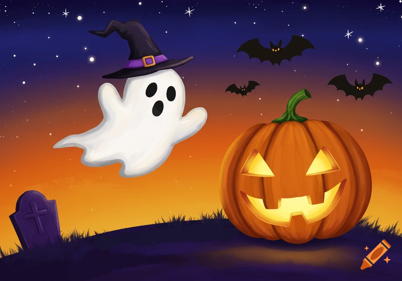 A cartoon ghost wearing a witch hat floats over a carved pumpkin and tombstone under a starry night sky with bats.