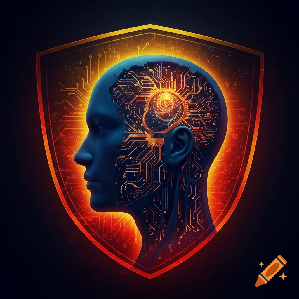 Profile view of a blue head with internal circuits inside a glowing orange shield, tech art.