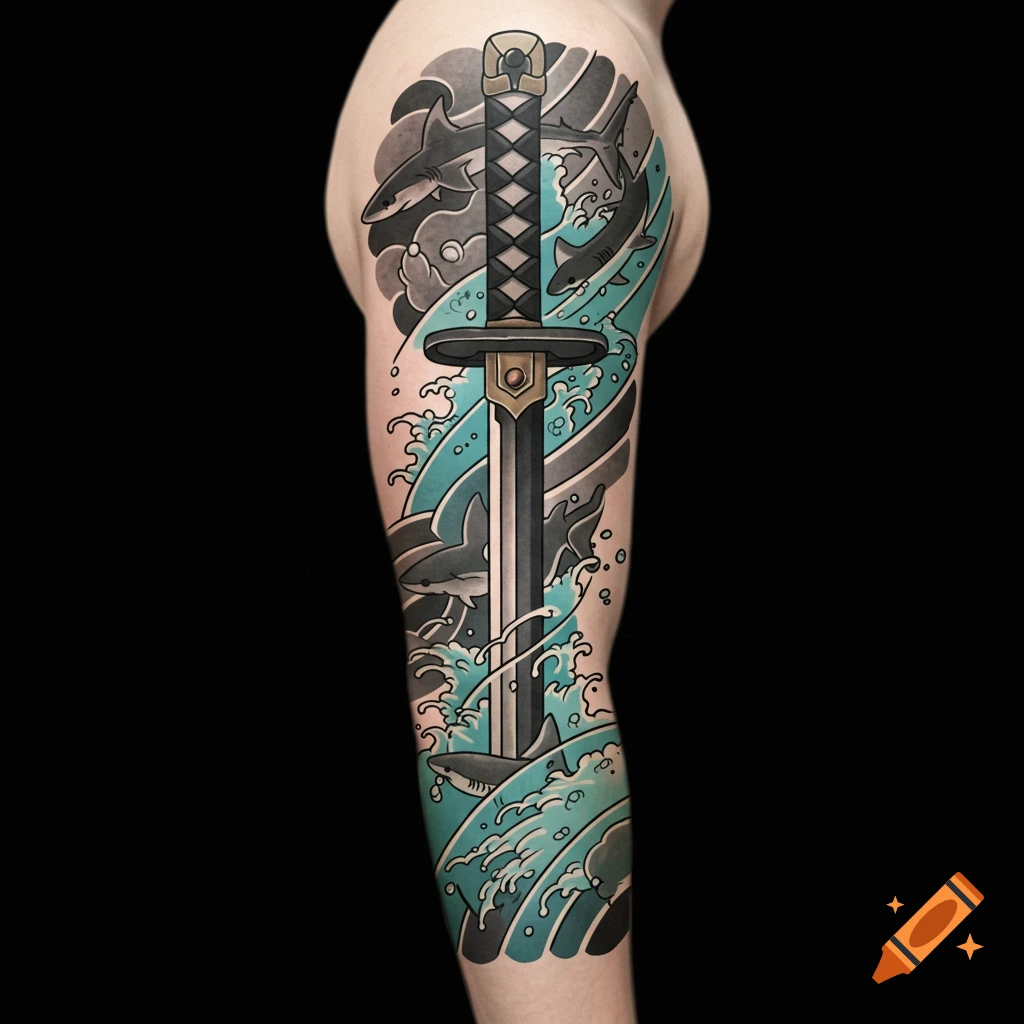 A tattoo of a katana sword among stylized waves and sharks.