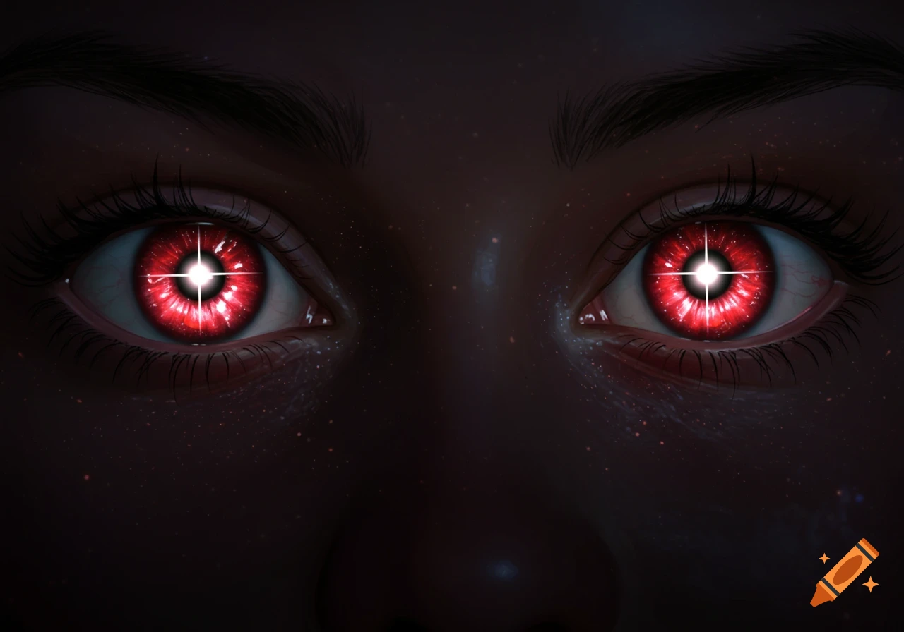 Close-up of dark eyes with glowing red, star-shaped pupils against a dark, starry background.